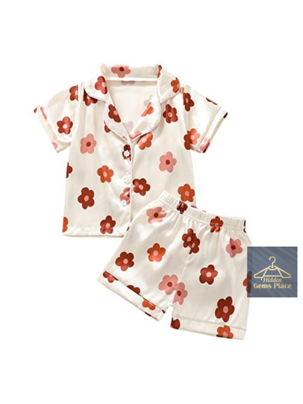 Toddler Girls Floral Silk Satin Pajama Set Short Sleeve Button-Up Top Shorts